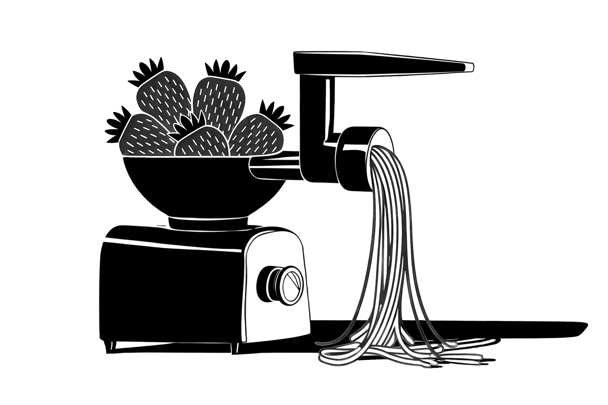Illustration of a meat grinder turning strawberries into pasta