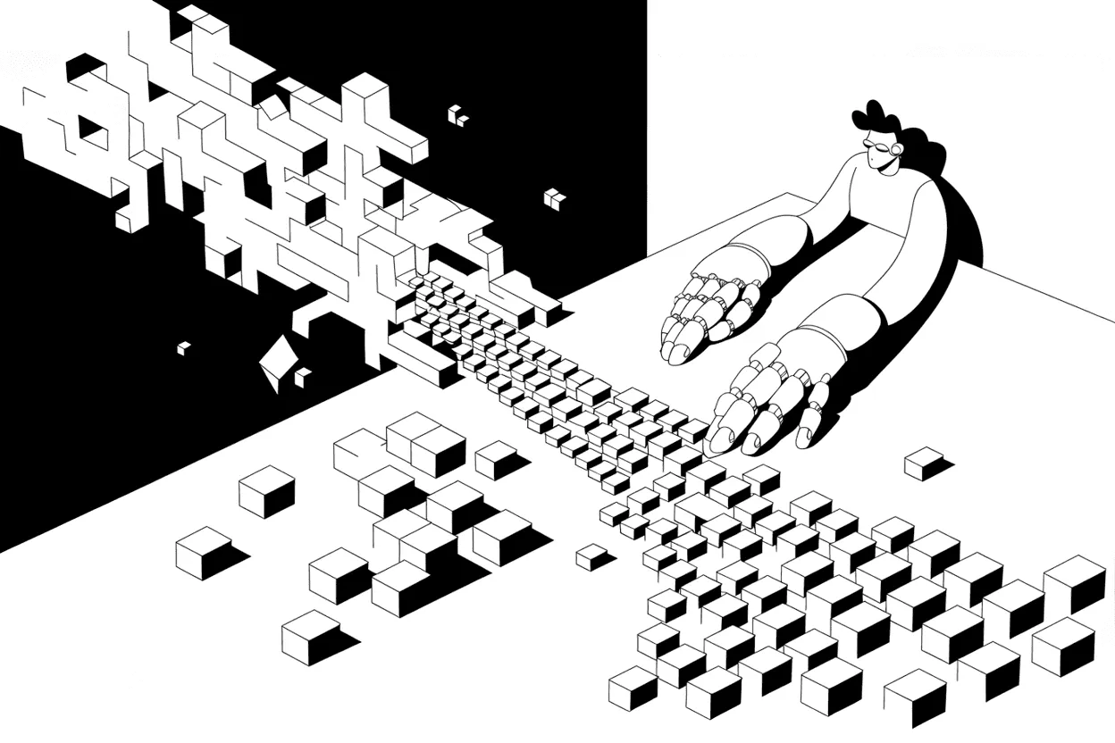 Illustration of robotic hands turning a tangle of blocks into orderly rows of cubes