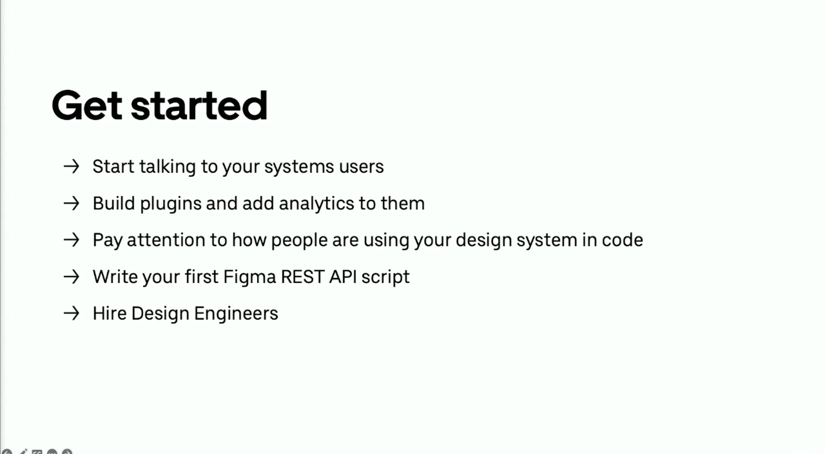 Conference slide with tips on how to get started with design systems
