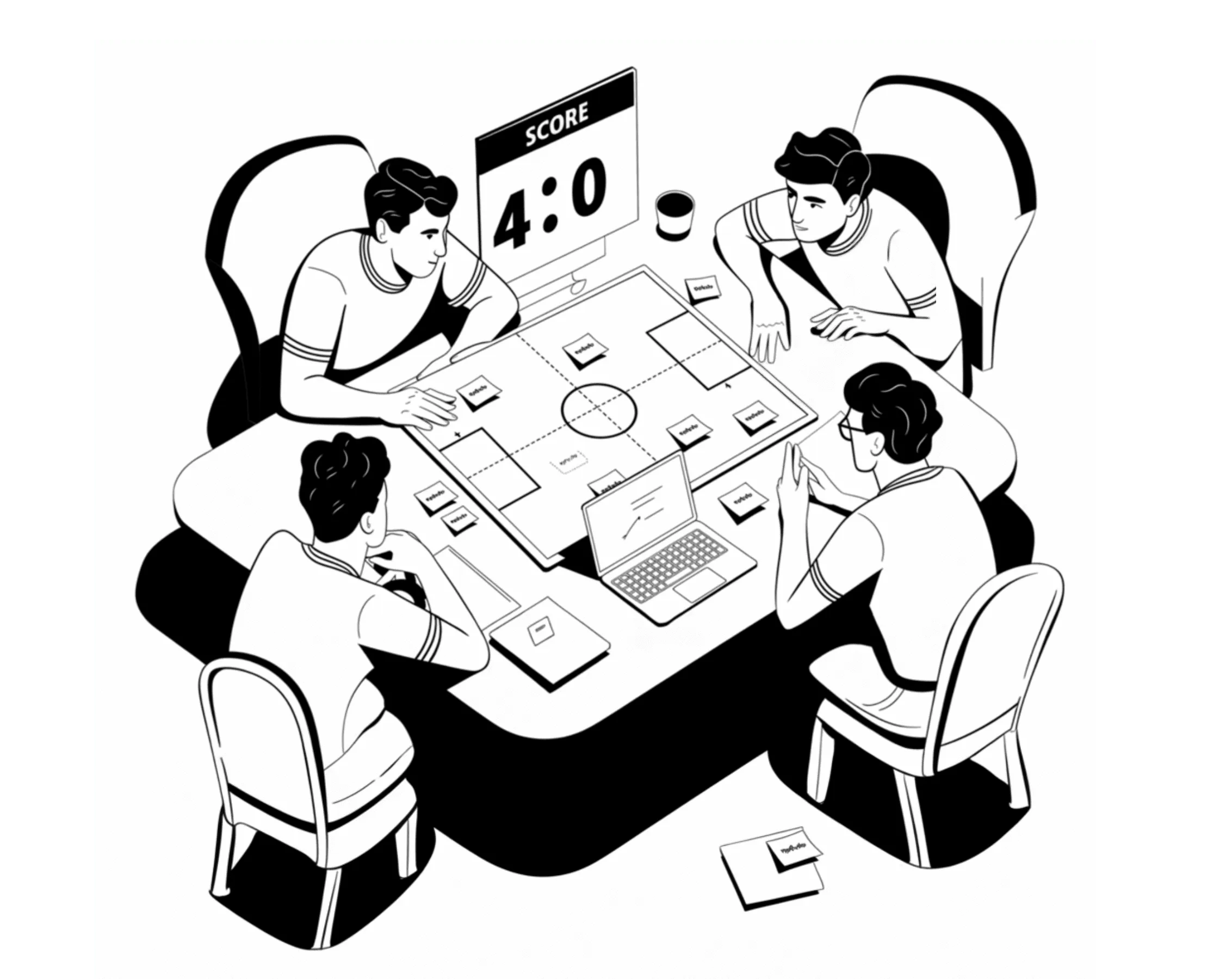 Illustration of four people around a table with a football pitch plan and a scoreboard reading 4:0