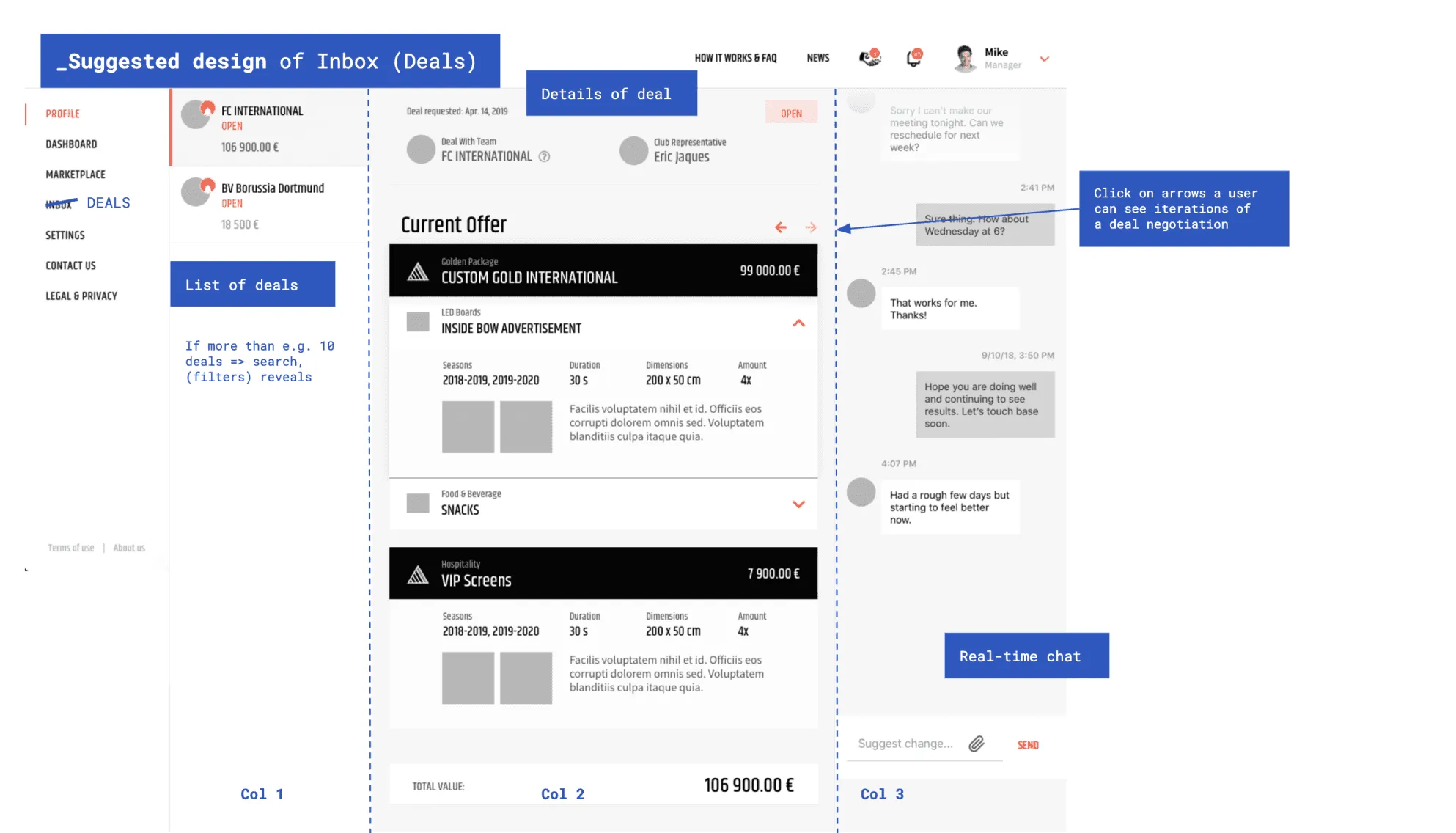 Annotated pitch prototype of the deals inbox with deal list, deal details and real-time chat