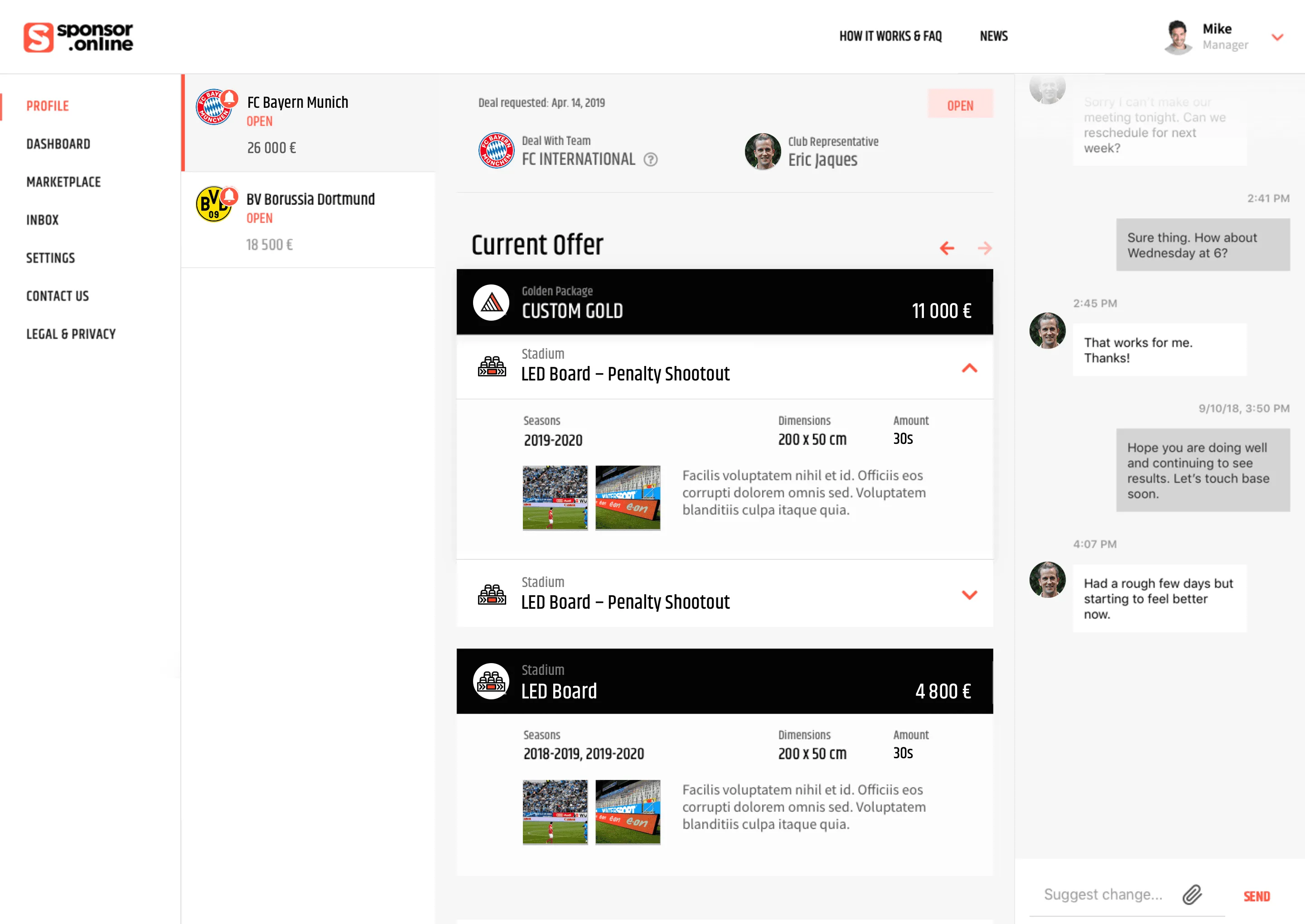 Deal screen showing the current offer, package items and real-time chat