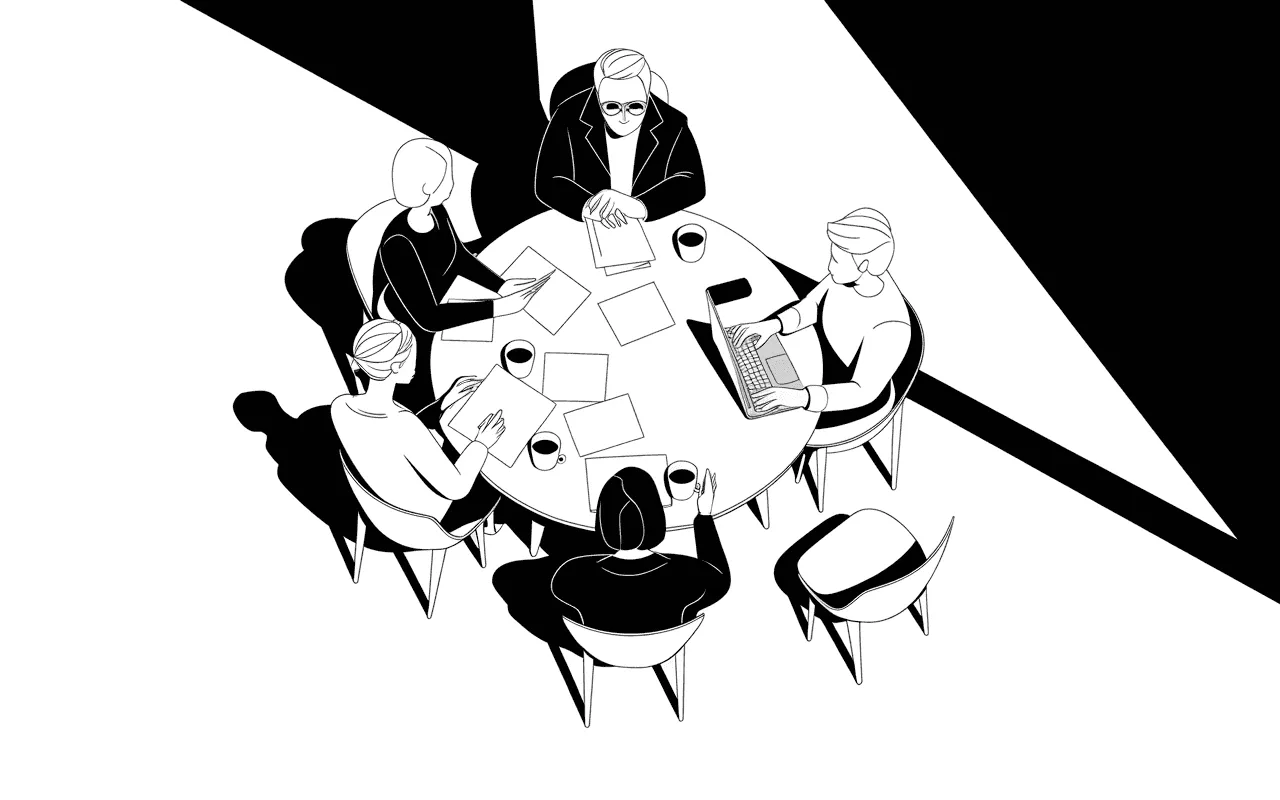 Illustration of five people around a meeting table
