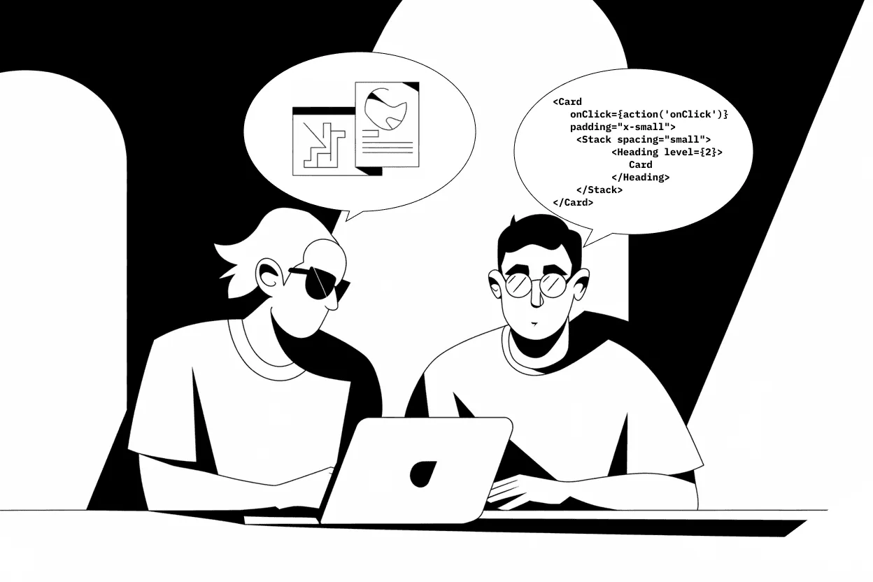 Illustration of a designer and a developer talking about the same component in design and in code