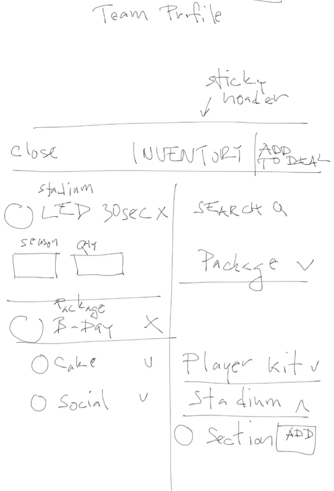 Hand-drawn sketch of a team profile inventory with a sticky header and add-to-deal action
