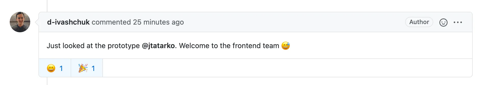 GitHub comment welcoming me to the frontend team