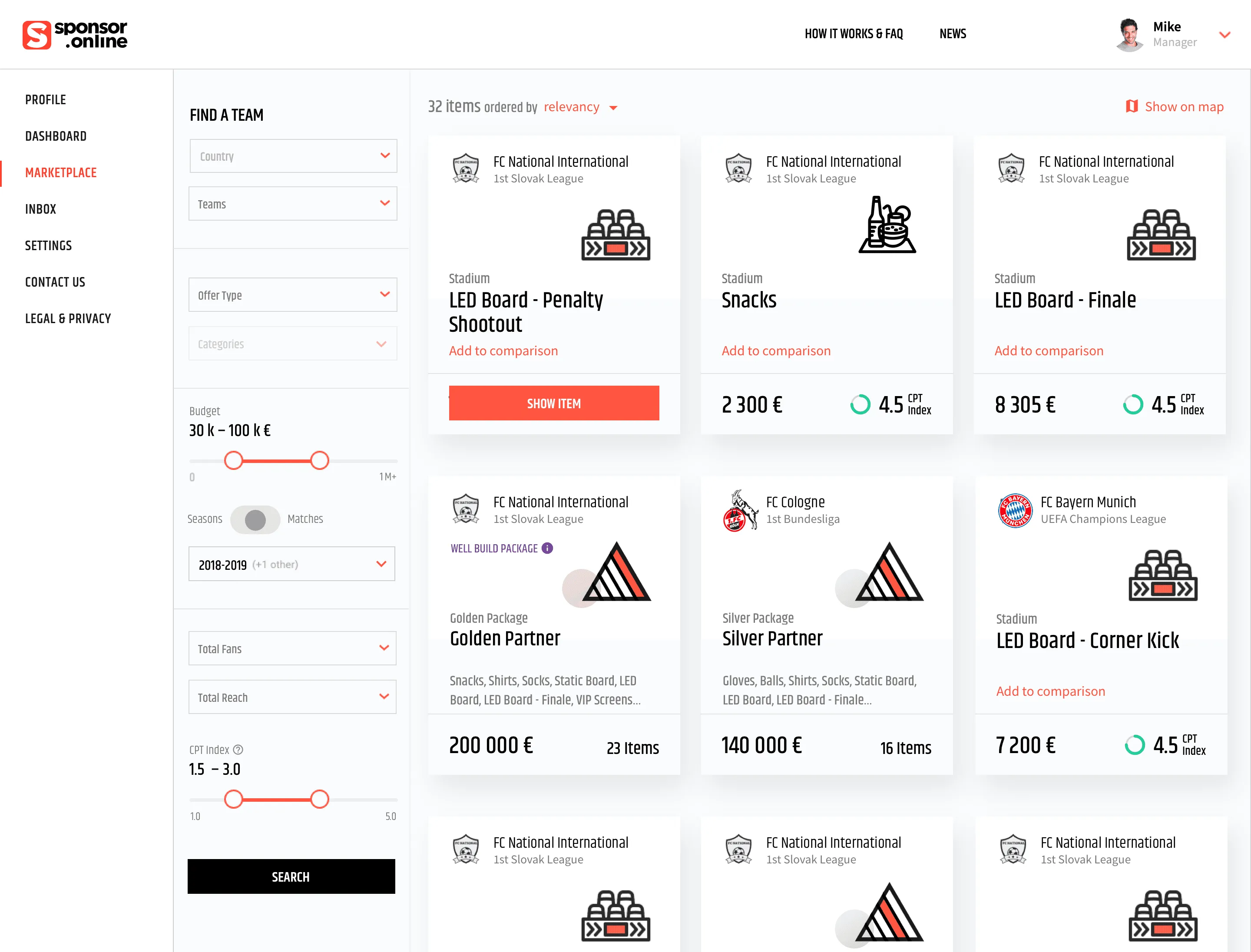 "Marketplace" of packages and items