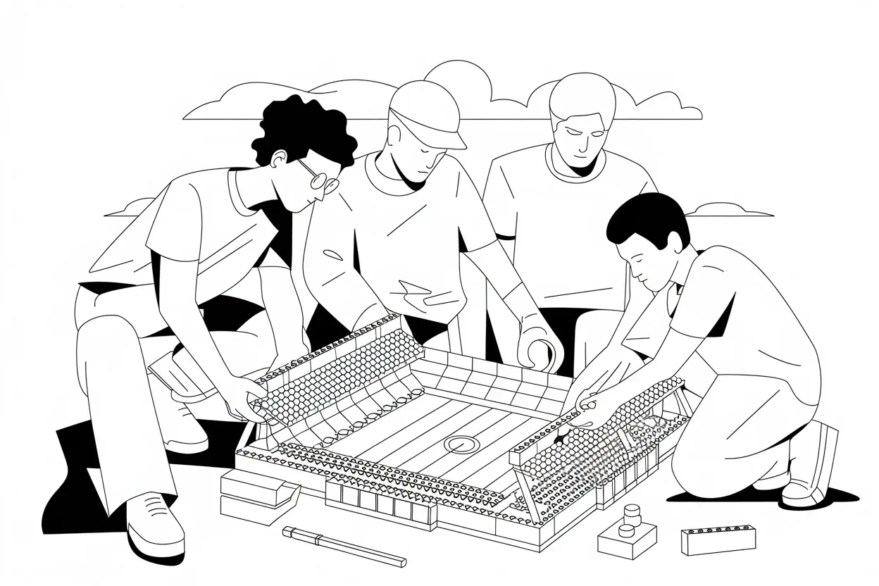 Illustration of a team building a model football stadium together