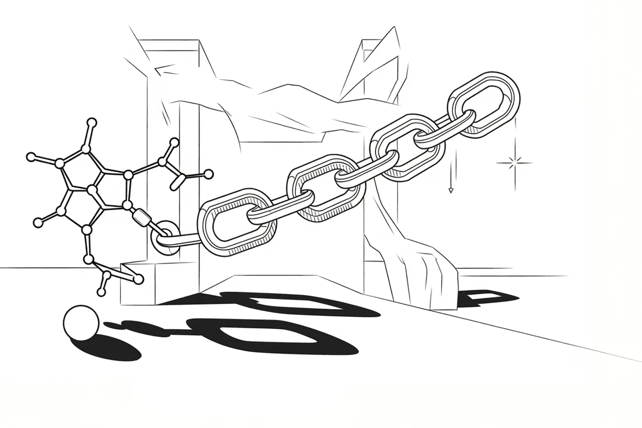 Line illustration of a molecule linked to a blockchain chain