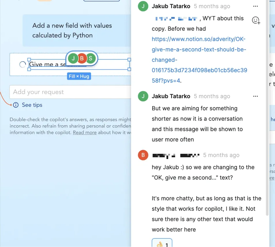 Design file comments discussing shorter loading copy for the Copilot