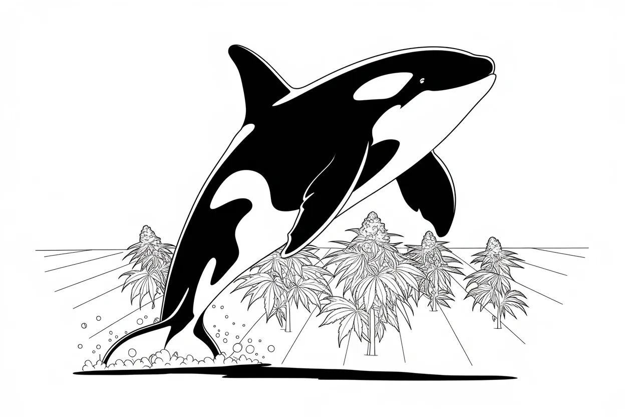 Illustration of an orca leaping over cannabis plants