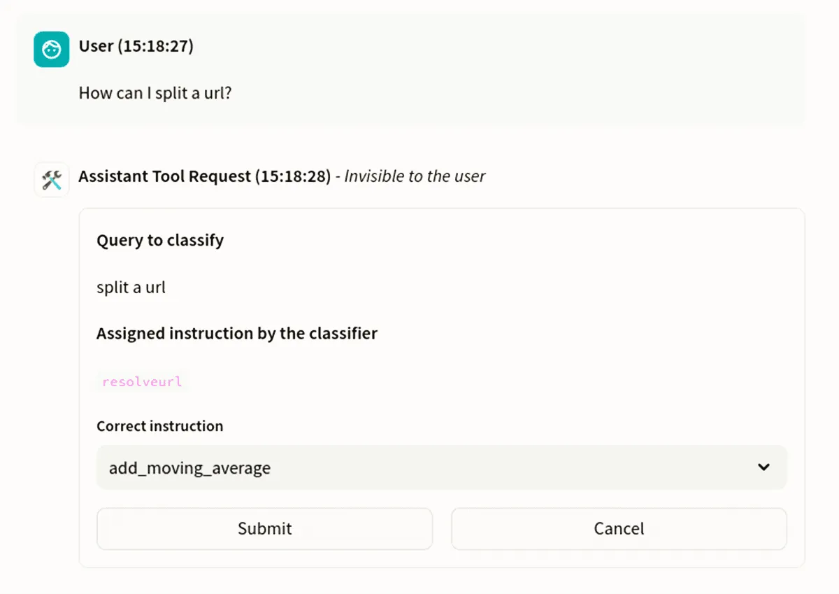Expert feedback form showing the classifier's assigned instruction and a dropdown to pick the correct one
