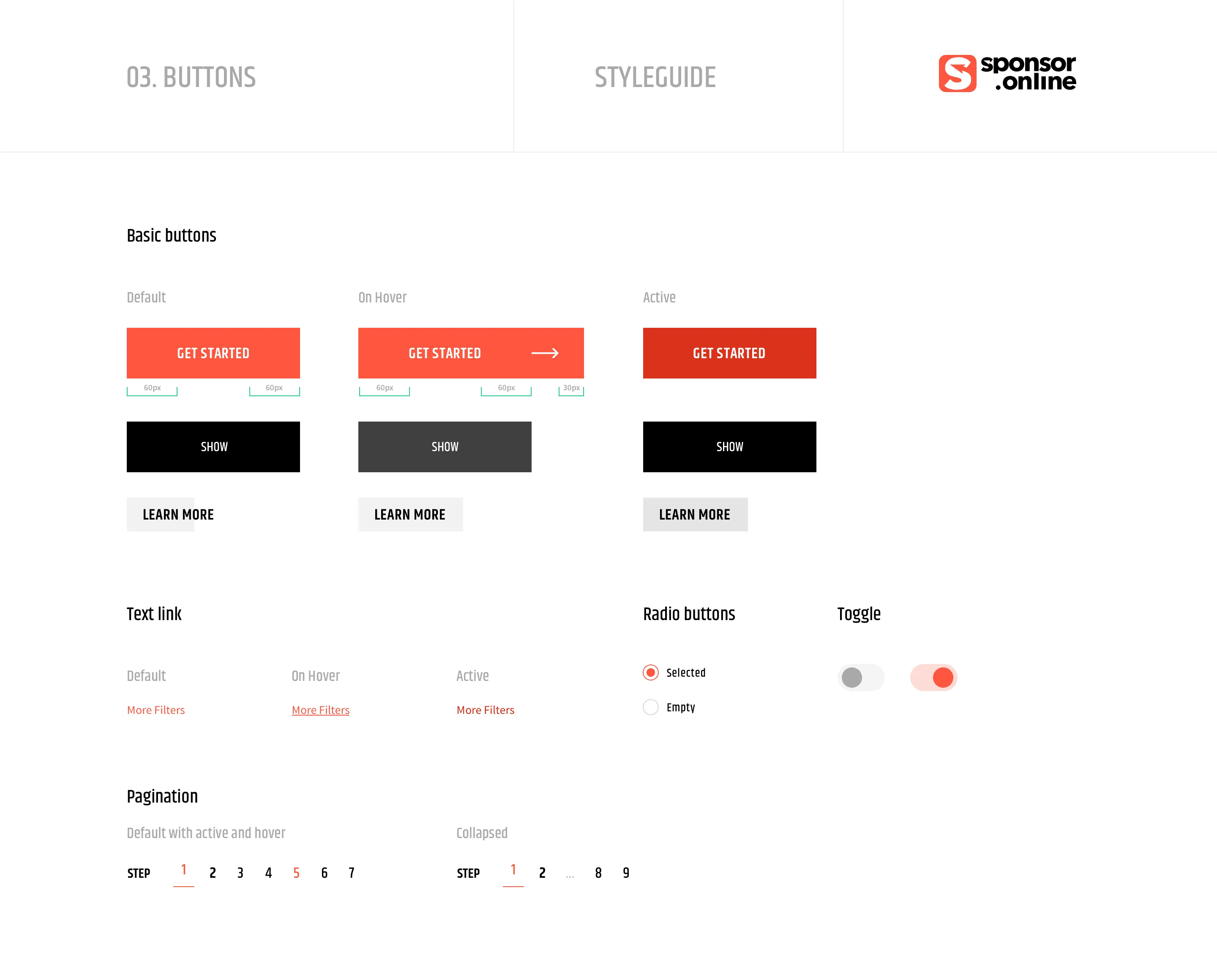 Style guide page on buttons, text links, radio buttons, toggles and pagination