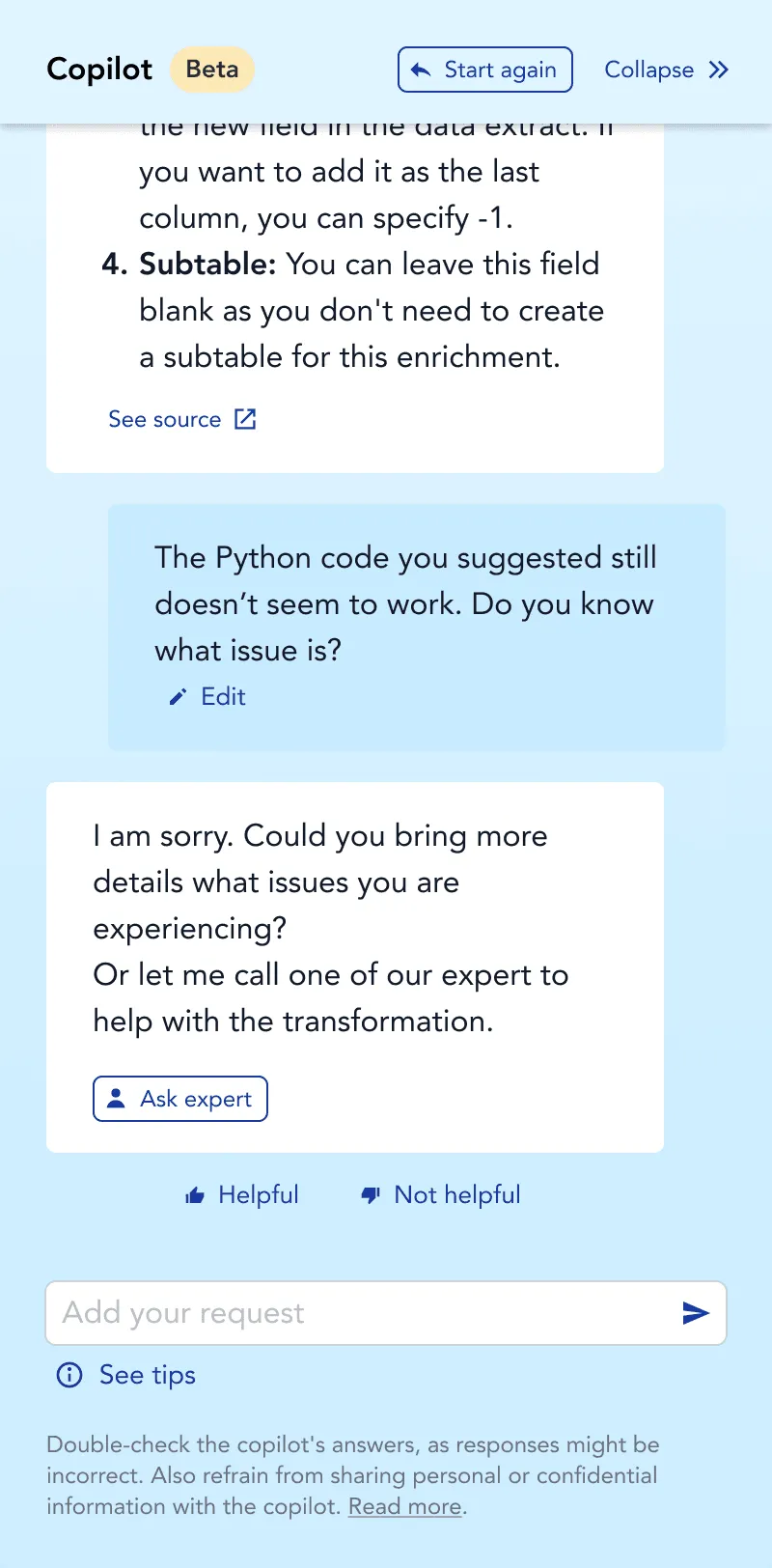 Copilot chat panel with an answer, a follow-up question and an Ask expert fallback button
