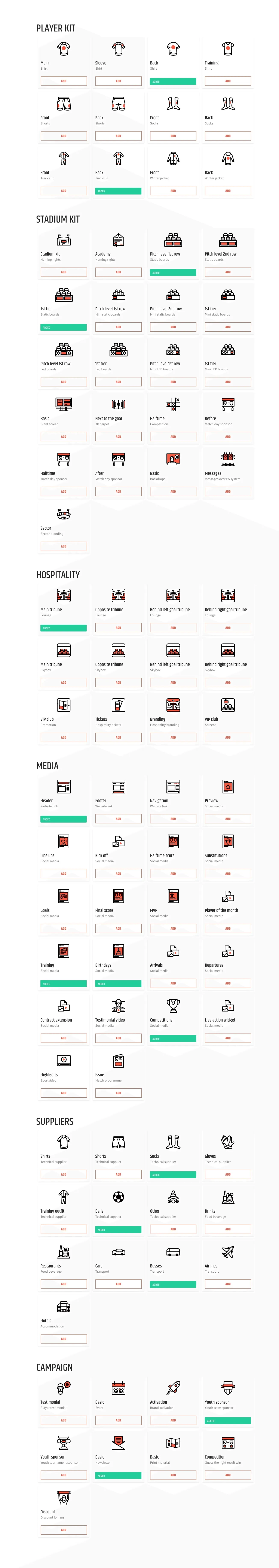 Catalog of icon cards for sponsorship items such as player kit, stadium, hospitality, media and campaign