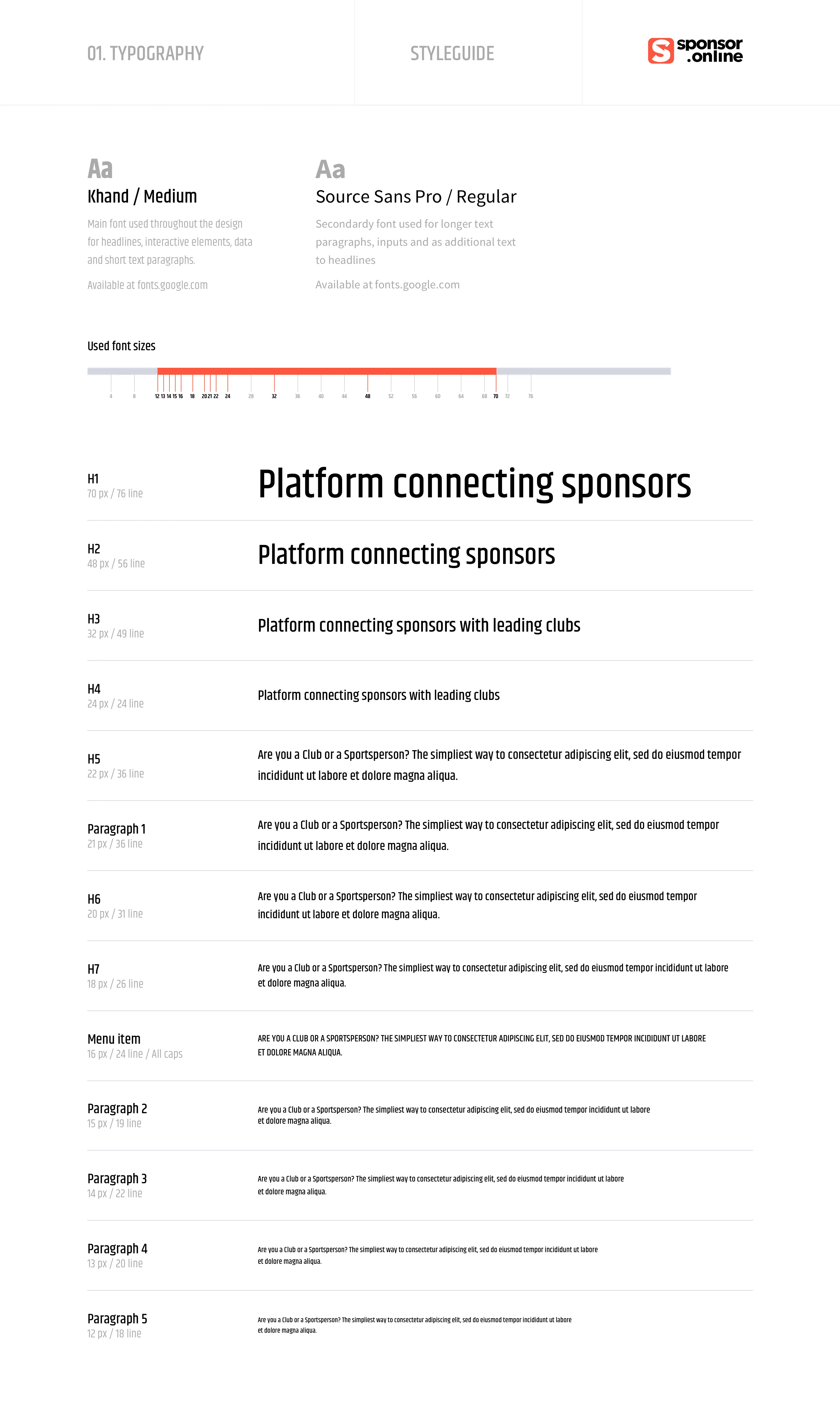 Style guide page on typography with font pairing and heading and paragraph sizes