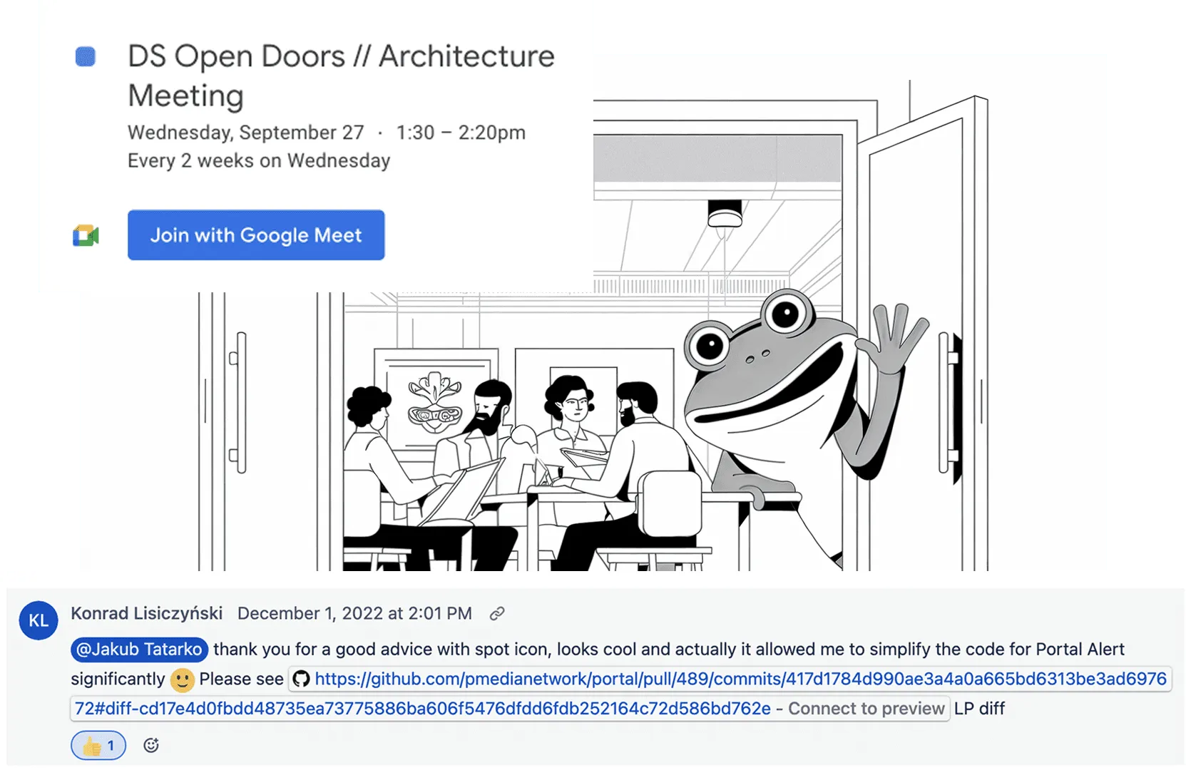 DS Open Doors meeting invite with the Frog peeking into a meeting room, and a thank-you comment from a developer