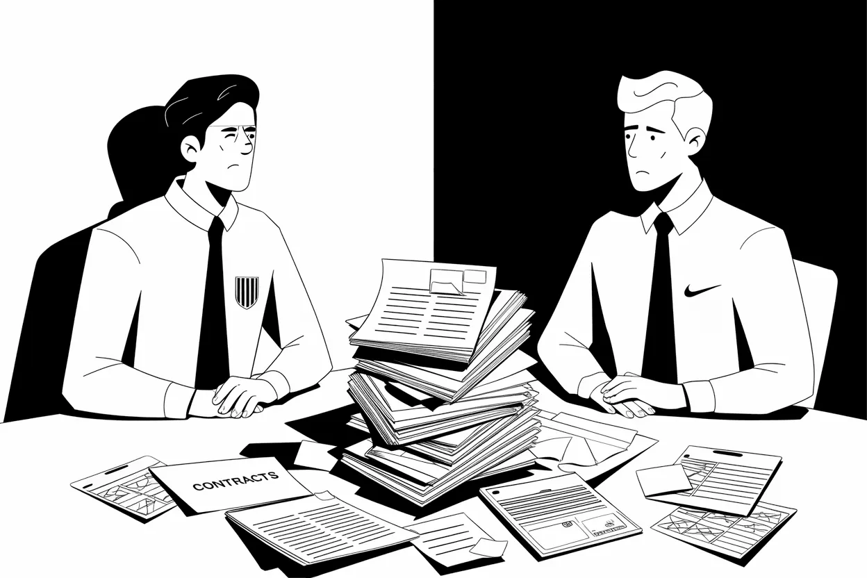 Illustration of two negotiators facing each other across a pile of contracts